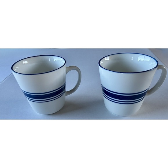 Mainstays Walmart Blue White Ringed Ceramic Coffee Mugs Lot of 2 Tea Cups - Picture 4 of 9